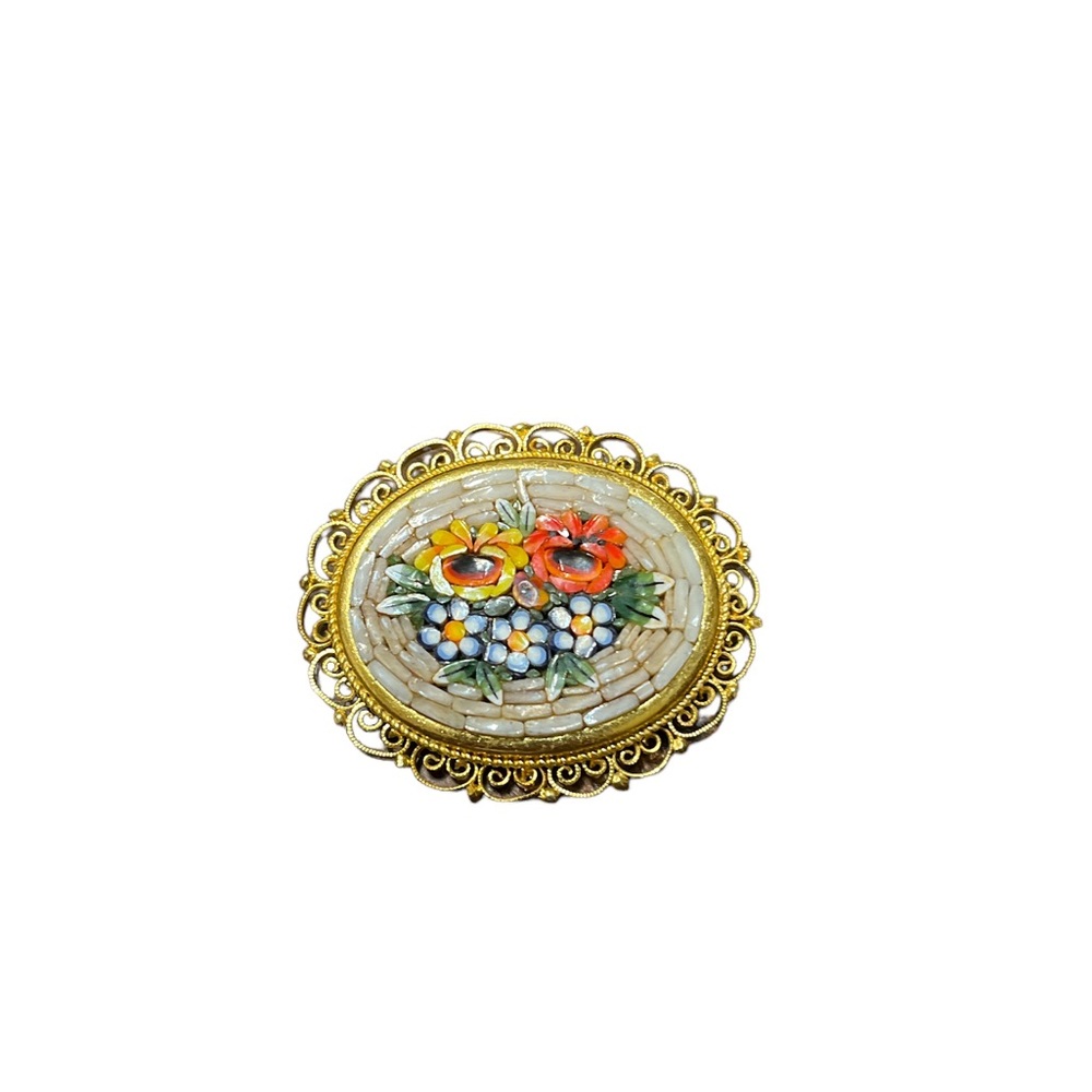 Micro Mosaic Oval Flower Brooch
